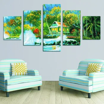 

5 Panels Combination Pictures Fairy Tale Town Wall Art High-Definition Free Shipping Multicolor Tree Landscape Canvas Art