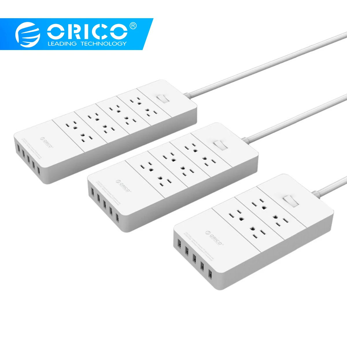 ORICO Smart Power Strip Socket US Plug Surge Protector 4 6 8 AC Outlet 1250W 5 Port USB Fast Charger 40W - 1.5M Power Cord