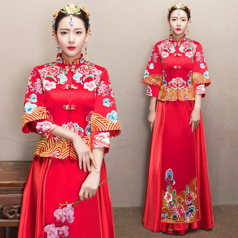 Красное Старинное платье невесты винтажная вышивка леди Qipao Дракон& Phoenox Традиционный китайский стиль Королевский свадебное Ципао костюм - Цвет: Flower