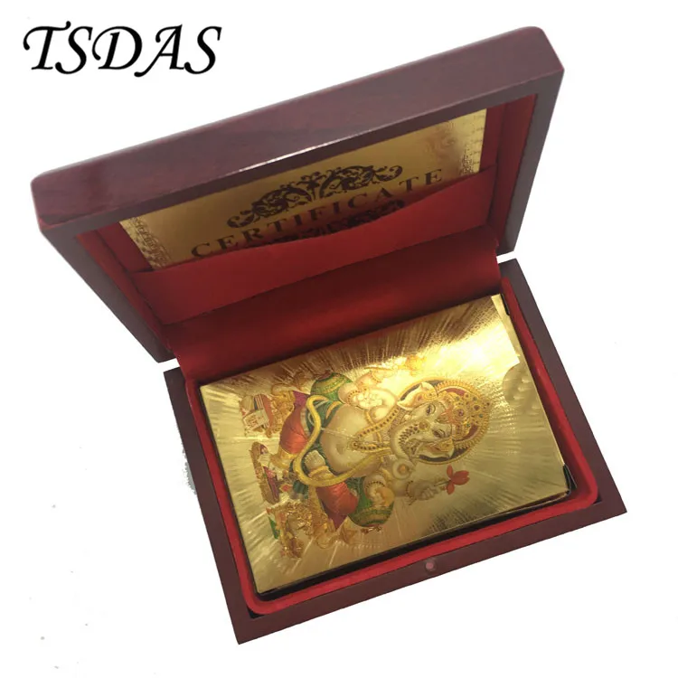 Miglior TRASPORTO LIBERO Variopinto India Dio Lamina D oro Carte Da Poker, 24 k Oro Souvenir Carte Da Gioco Con Scatola di Legno