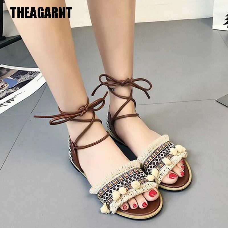 

THEAGRANT 2019 Summer Boho Fashion Lace-Up Women Sandals Ethnic Flat Heel Beach Shoes Pom-Pom Lady Sandals WSS3011