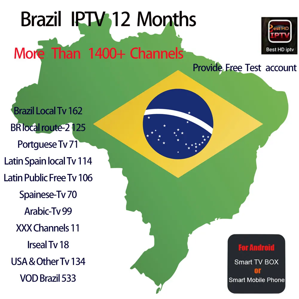 

1 Year Brazil IPTV Subscription Best HD 1500+ VOD Live Channels Stable Arabic/Brazil/Spain/Portugal/Latin TV For Android TV Box