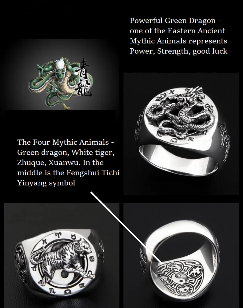 Ручной работы,, 925, серебряное кольцо с тигром фэншуй, счастливый символ, кольцо, 925 пробы, серебряное кольцо с тигром и драконом, с символами созвездия