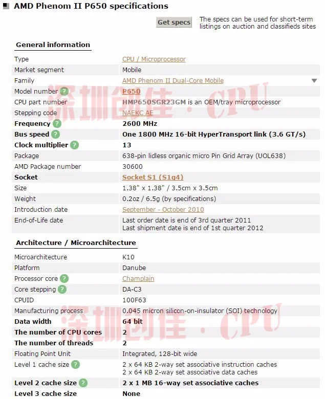 Оригинал AMD Phenom P650 HMP650SGR23GM P650 Процессор Dual core 2,60 ГГц 2 МБ L2 Кэш разъем S1 (S1g4) PGA638