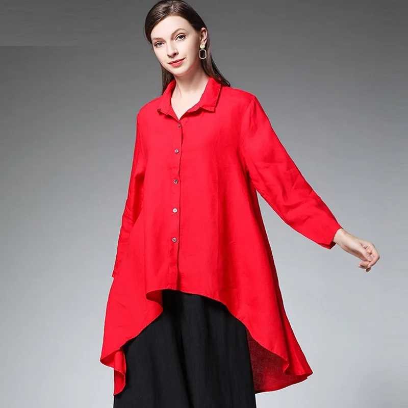 2019Fashion Ramie long shirt dove tail irregular blouse turn down