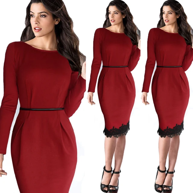 2015 European Plus Size Long Sleeve Red Work Dress Women Summer Formal