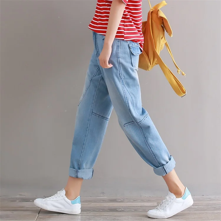 

Boyfriend Women Patchwork Vintage High Waisted Harem Pants Jeans Denim Trousers Ladies Loose Elasitc Waist Loose Denim Pants
