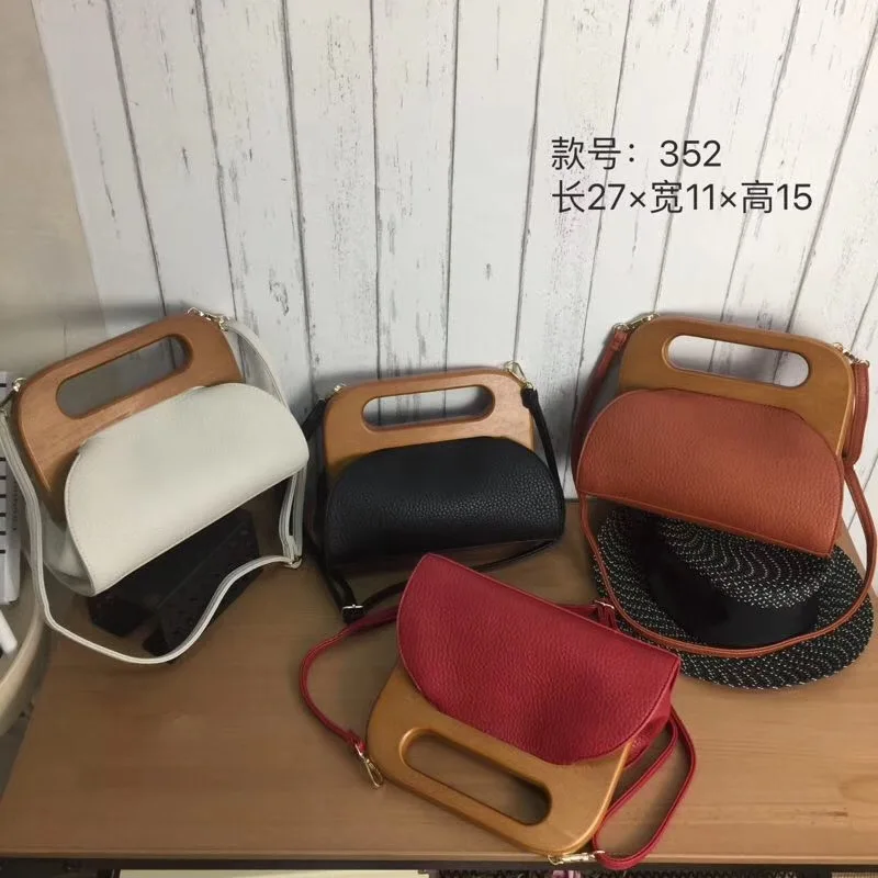 Women Wooden Handle Handbag Wood Clip Casual Shoulder Bag Diagonal Solid Color Vintage Bag Crossbody Bag