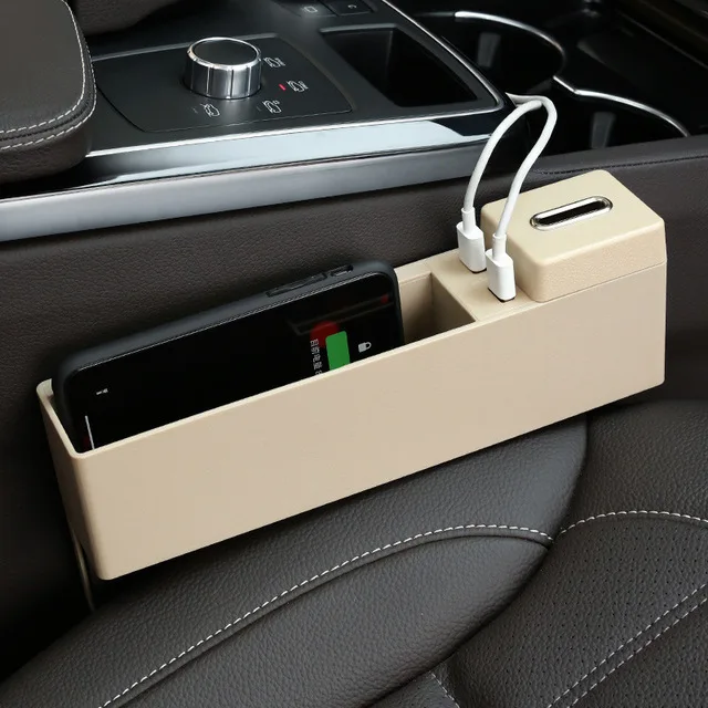 1x Car Front Left Seat Storage Box LED Light USB Charger Seat Gap Case Pocket 