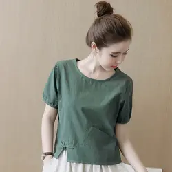 Китайский стиль хлопок белье Белый футболка Для женщин летние топы для Для женщин 2018 новый короткими рукавами Сплошной Свободные