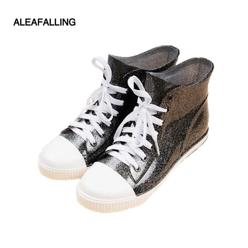 

Aleafalling Shinny Ankle Rain Boots Warm Fashion Platform Lace-up Waterproof Motorcycle Bowtie Ankle Flat With Shoes w026