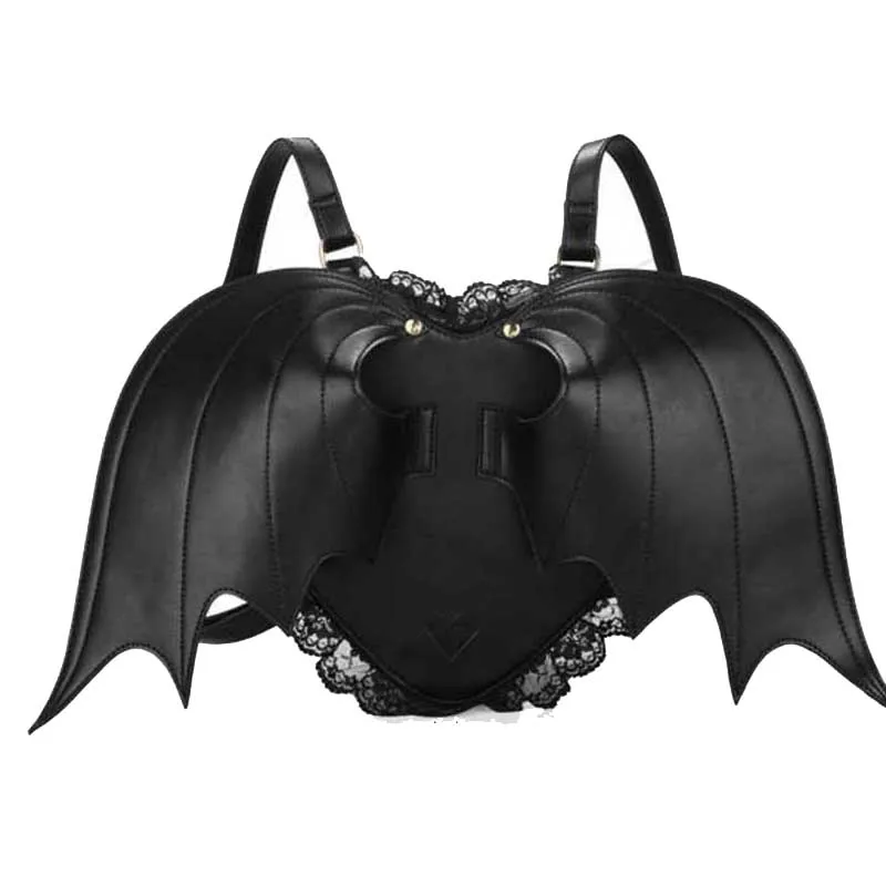 2017 Newest Cute Bat Wings Leather Backpacks Women Cool School Bags Black Angel Devil Lace Daypack