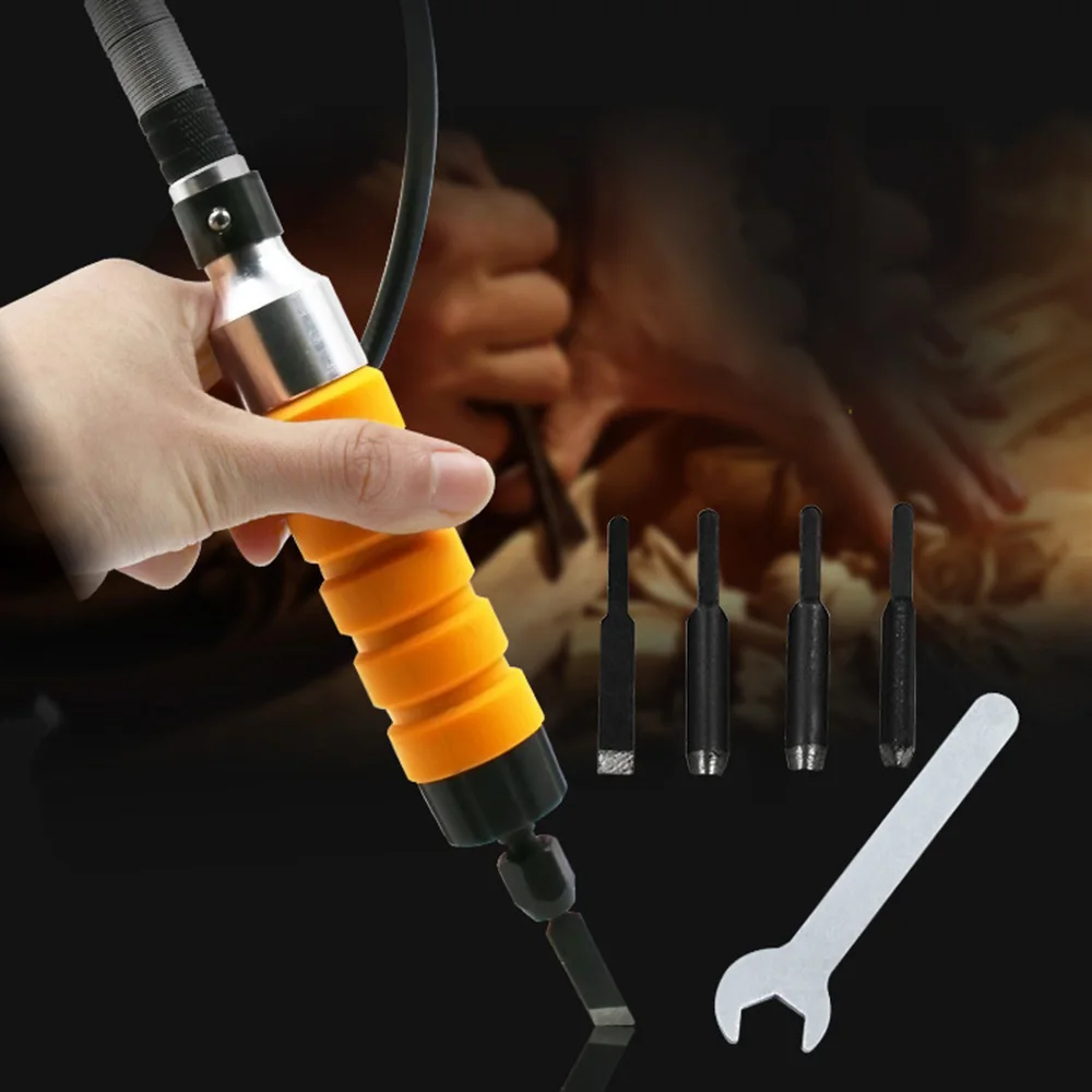 Woodworking Carving Cutting Knife Chisel 5 Cutters Soft Shaft Open End Wrench Electric Carving Tool Artwork Craft Sculpture Set
