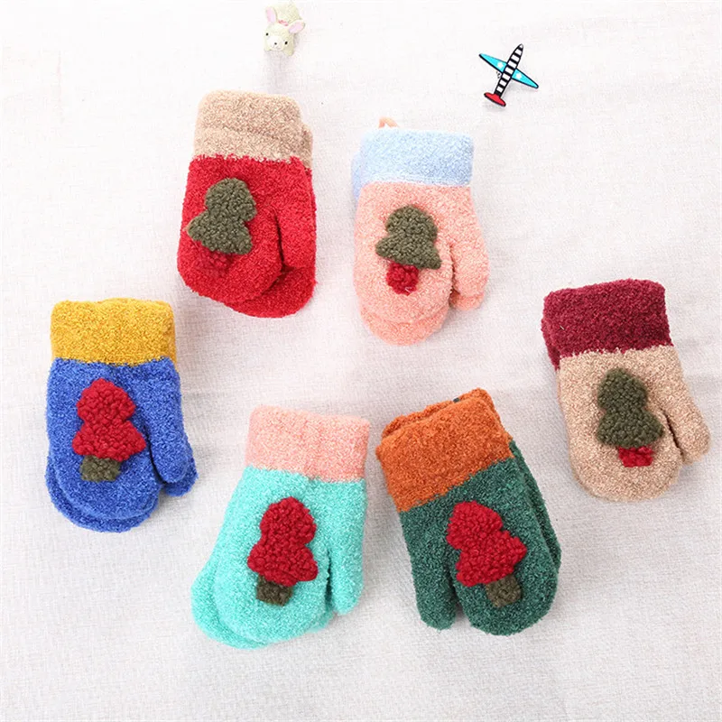 1-3Yea Winter Baby Boy Girl Gloves Thicken Warm Cotton  Full Finger Cute Cartoon Knitting Gloves Infant kids With Sling (5)