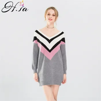 

H.SA Autumn Winter 2017 Women Long Sweater and Pullovers Deep V neck Sexy Long Jumper Sweater Knitted Pull Femme Sweater Dress