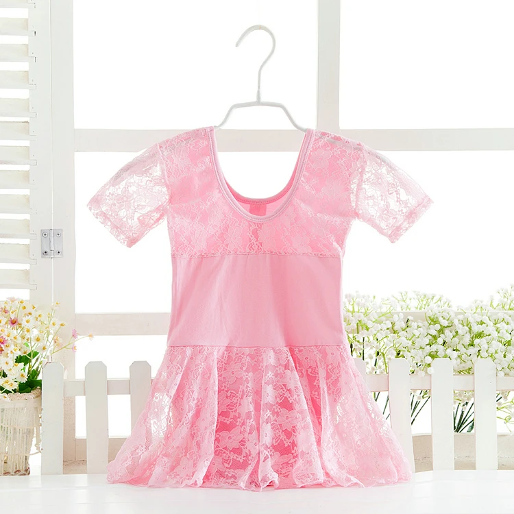 

New Ballet Gymnastics Costume Short Sleeved Cotton Lace Girls Leotard Skate Dress