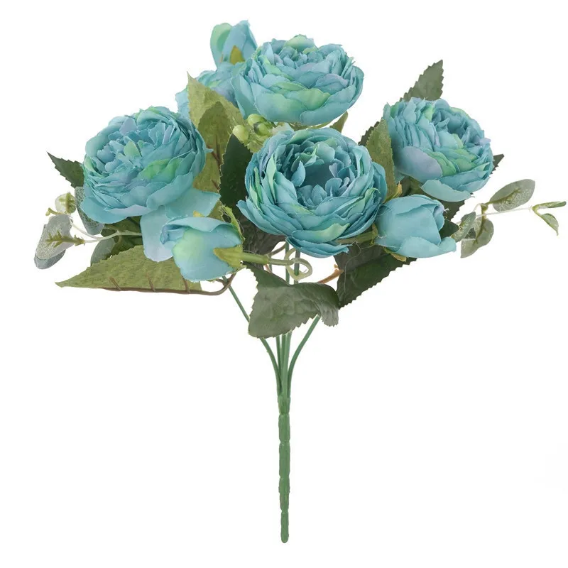 30 см розовые красные шелковые пионы, искусственные цветы букет 5Big Head и 4Bud с пионами поддельные цветы ручной работы украшения дома свадьбы - Цвет: Blue