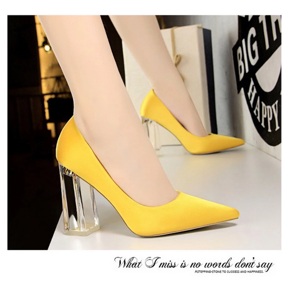 

XIAXUEER Women's Characteristic Transparent High Heeled Chunky Heel Pointed Toe Pumps Shoes-12 Colors