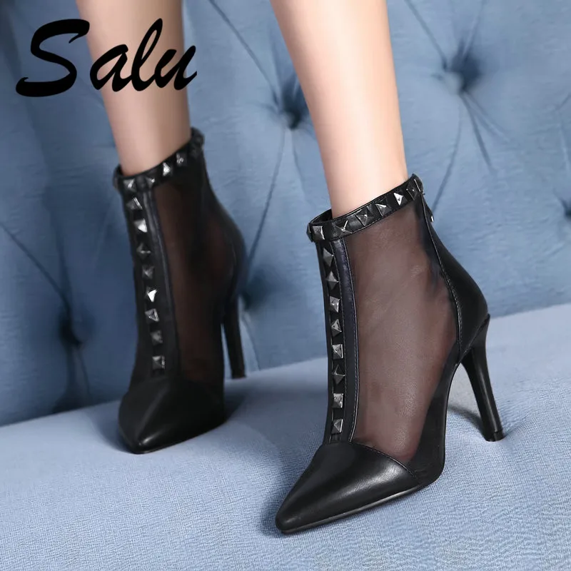 

Salu Elegant Women Boots Pu Leather Sexy Pointed Toe Summer Boots Comfortable high Heels Basic Office Shoes Woman
