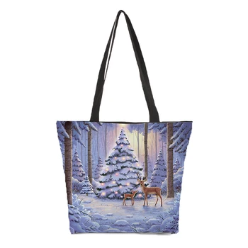 

Custom Christmas Print Pattern Ladies Fashion Shoulder Bag Snowman Christmas Tree Shopping Bag Canvas Bag Casual Cartoon