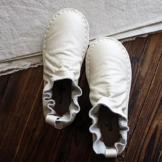 Careaymade-Spring Genuine leather shoes,Pure handmade boots,The retro art mori girl shoes, Literature Fold surface boots Beige