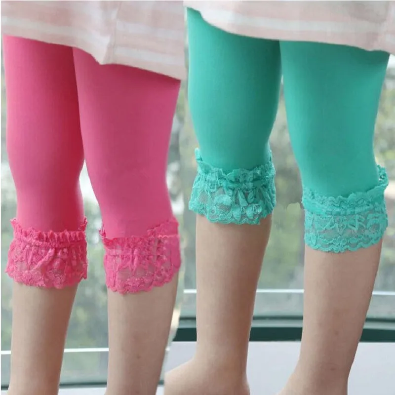 

Children's Spring and Summer Thin Lace Seven Points Solid Color Leggings Girls Velvet Five Points Lacework Pantyhose