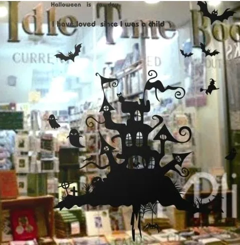 Happy Halloween Large Wall Stickers Castle Bat Ghost Cemetery Glass Decal Window Posters Vinyl | Дом и сад