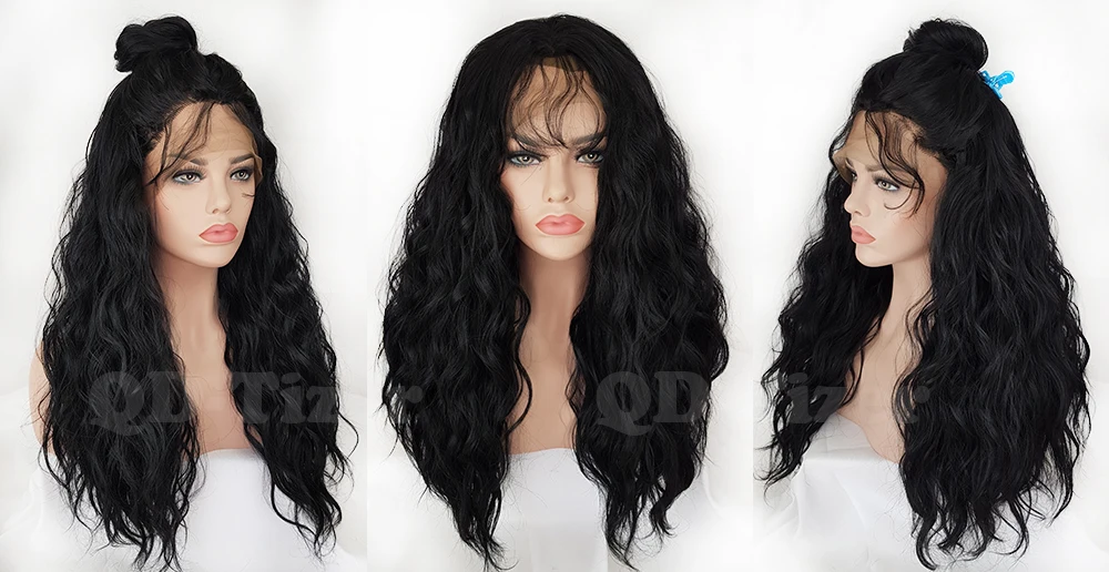 QD-Tizer 180% Density Loose Curly  Hair Synthetic Lace Front Wigs Black Color with Baby hair Natural Hair Wig for Fashion Women7