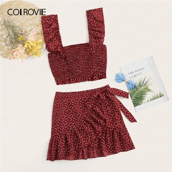 

COLROVIE Ruffle Polka Dot Crop Cami Top And Wrap Tie Waist Skirt Boho Two Piece Set 2019 Summer Holiday Women 2 Piece Outfits