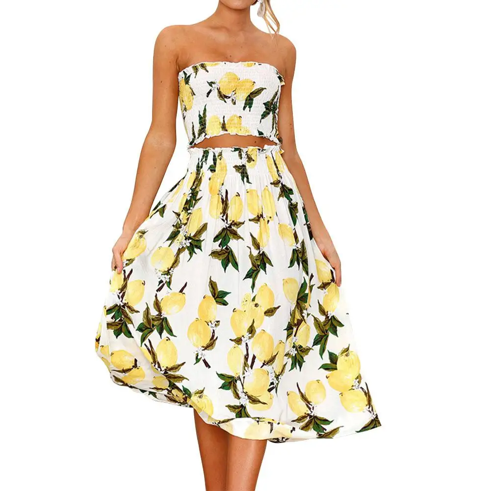 

Yfashion 2pcs/set Women Sexy Boat Neck Sling Tops Fashion Printing Midriff-baring Suit Simple Natural Girl High Quality Dress