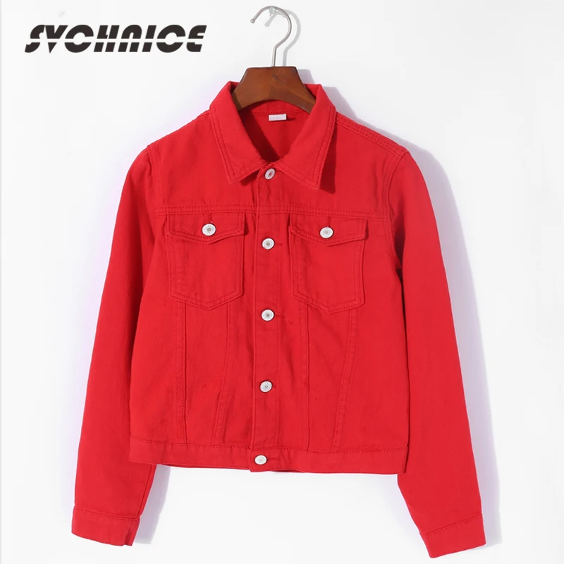 

Women Basic Coats Spring Autumn Womens Denim Jacket Red Pink Black Denim Jacket Female Jeans Coat Casual Girls Outwear Laides