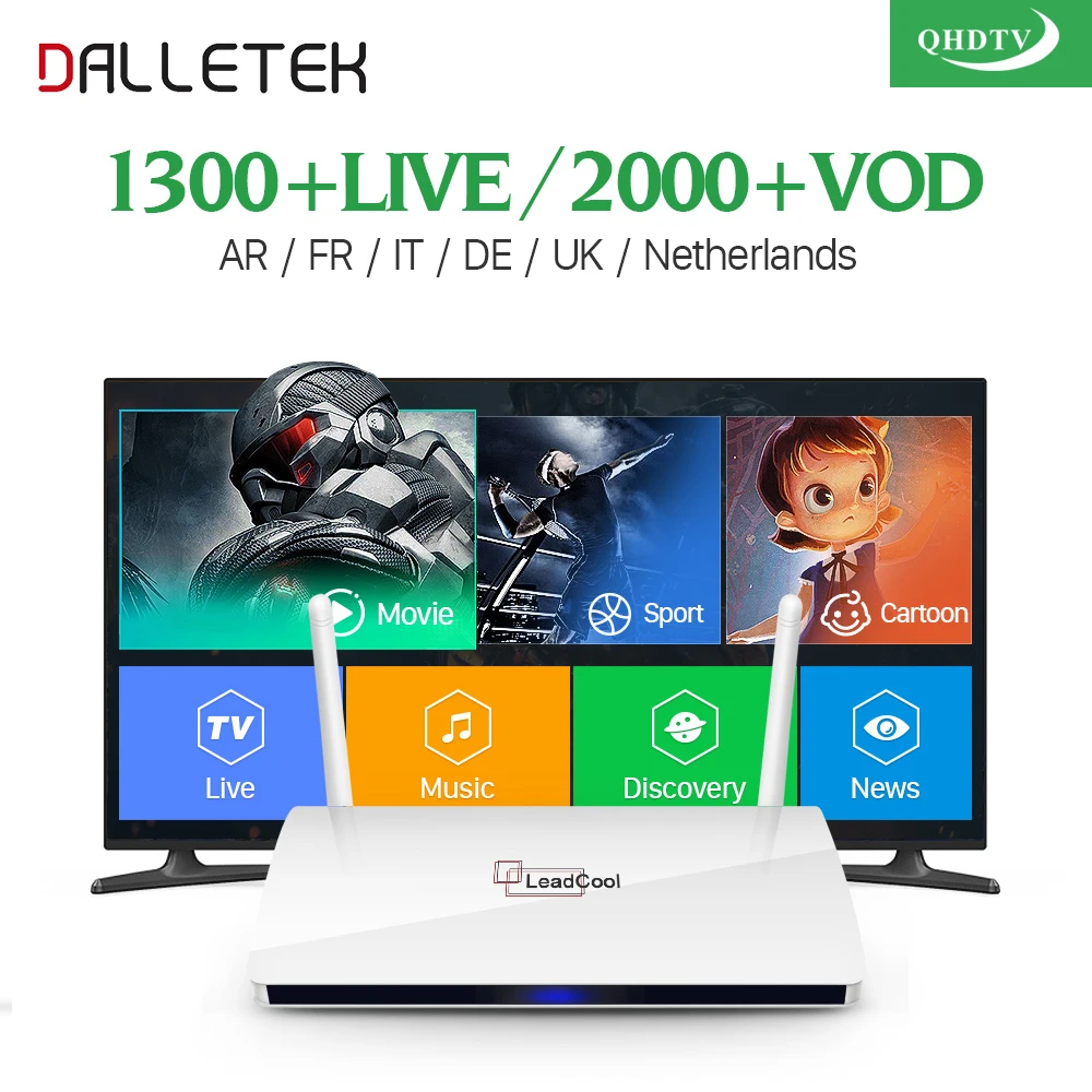 Leadcool QHDTV IPTV Box 1 Year Subscription Europe French Italia 1300 Channels Dalletektv Android 6.0 TV Box Arabic IPTV Top Box