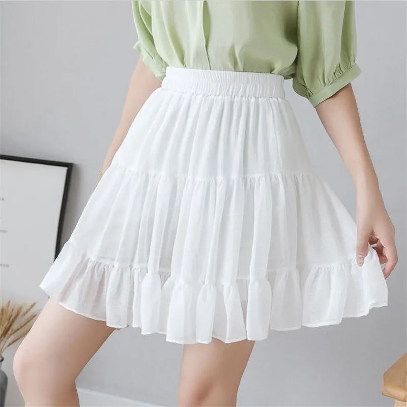 Милые летние шифоновые мини-юбки для девочек плиссированные Многослойные короткие юбки с оборками, большие размеры, M-7XL, красный, желтый, черный, белый