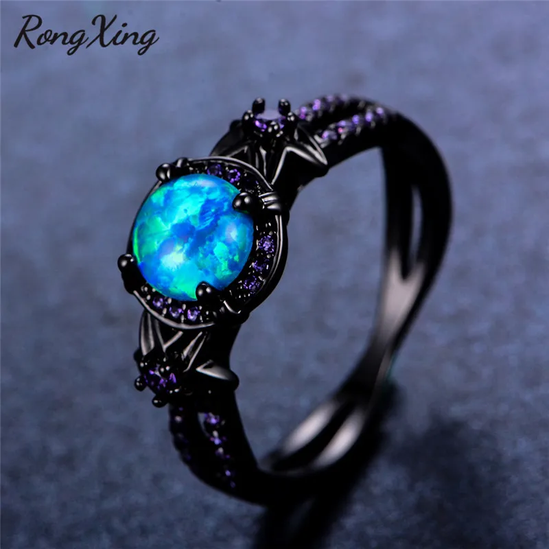 

RongXing Blue Fire Opal Star Flower Rings For Women Vintage Fashion Black Gold Filled Purple Zircon Ring Wedding Jewelry RB1349