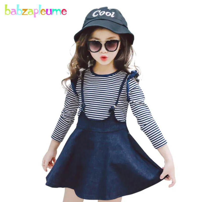 

Autumn Kids Girls Clothes Children Clothing Long Sleeve Striped Blouse T-shirt Denim Skirt 2PCS Suit Baby Girl Costume Lady A279