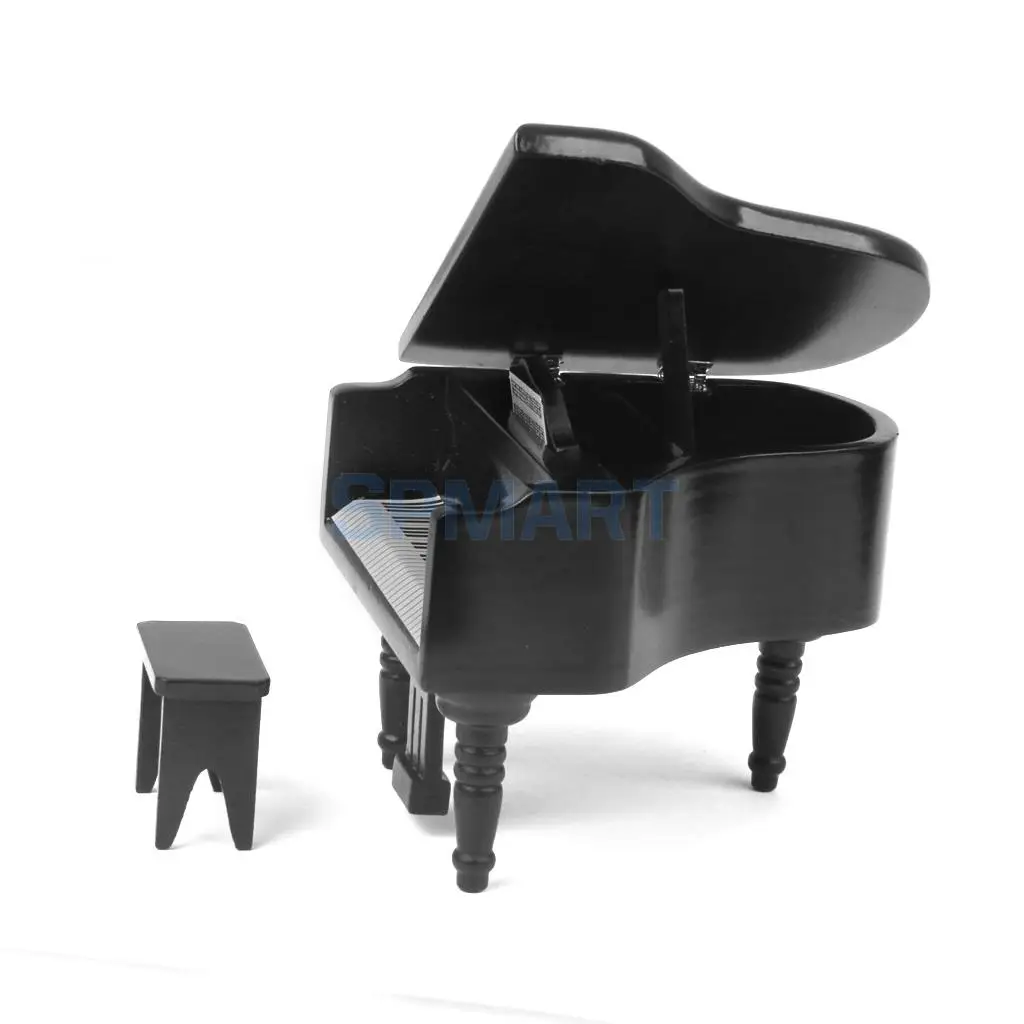 MagiDeal 1/12 Scale Dollhouse Miniature Wooden Piano with Stool Black for Dollhouse Decor Kids Toy