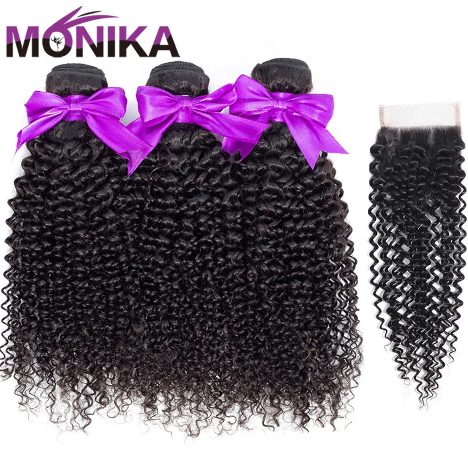 

Monika Mongolian Kinky Curly Hair With Closure 30 inch Bundles with Closure Non Remy Weaves Human Hair 3 Bundles with Closure