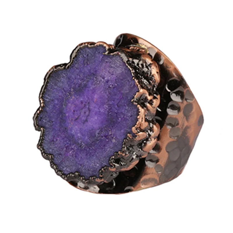 

big violet purple geode crystal stone slice bead charm adjust open vintage retro copper metal hammered ring cuff for woman man
