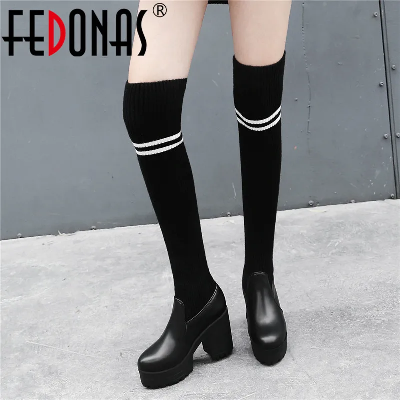 

FEDONAS 2020 Round Toe Platform Women Over The Knee Boots Slip On Comfortable Riding Boots Knitting Long Boots Party Shoes Woman