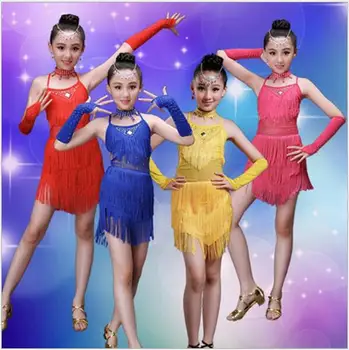 

New 2017 Latin Dance Kids Competition Costumes Bachata Junior Red Ballroom Tango Latin Dresses Girls Fringe Latin Salsa Dresses