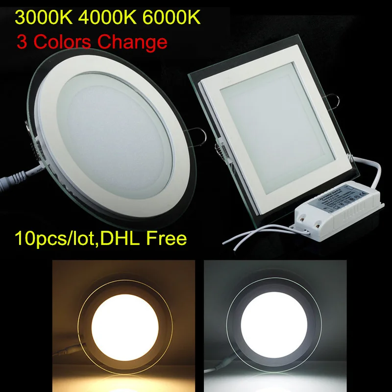 

3000K 4000K 6000K 3 Colors Change 6W 9W 12W 18W Glass LED Downlight AC85-265V Recessed LED Ceiling Panel light 10pcs DHL Free