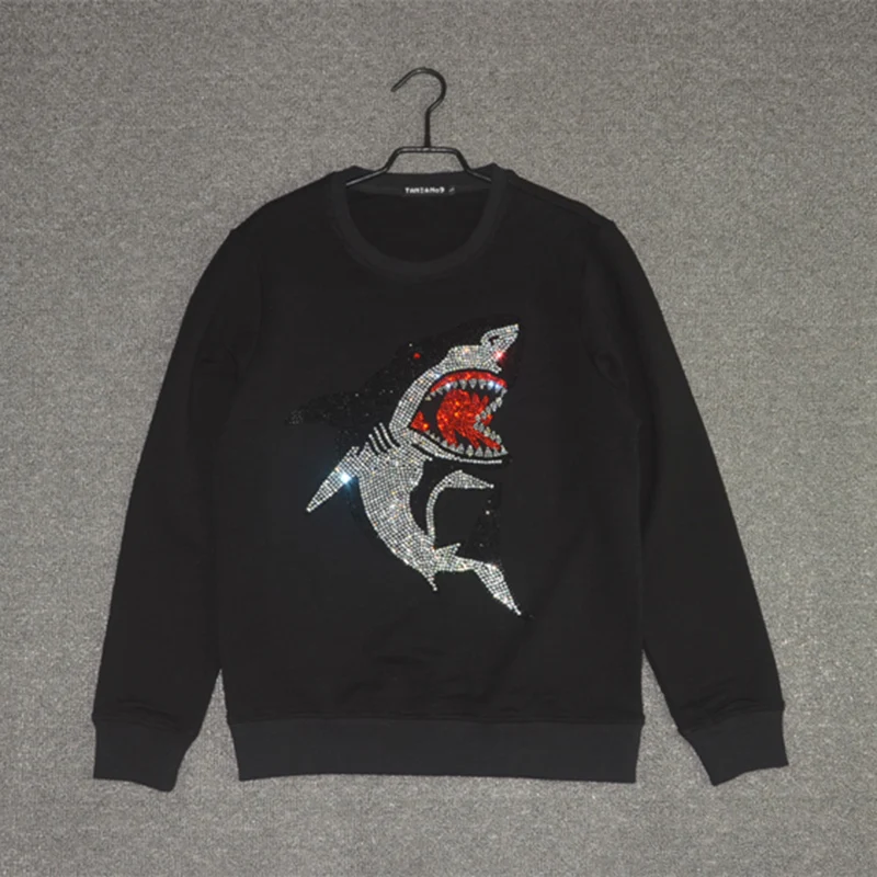 

2016 New Autumn Harajuku Hoodies Rhinestones Shark Printed Cotton Loose Stretch Women Sweatshirt Vintage Elegant Casual Tops