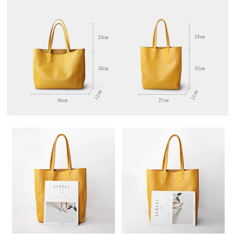 Women Luxury Bag Casual Tote Female Lemon Yellow Fashion Shoulder Handbag Lady Cowhide Genuine Leather Shoulder Shopping Bag