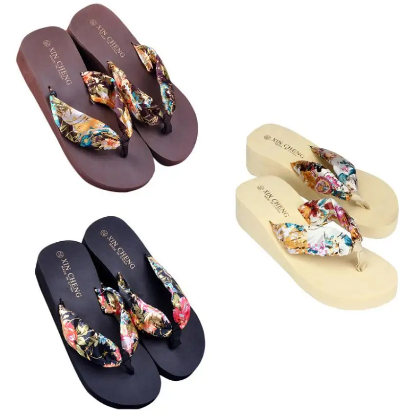 Zapatos mujer; пляжная обувь в богемном стиле с цветочным принтом; вьетнамки на платформе; Вьетнамки; женская обувь; A3