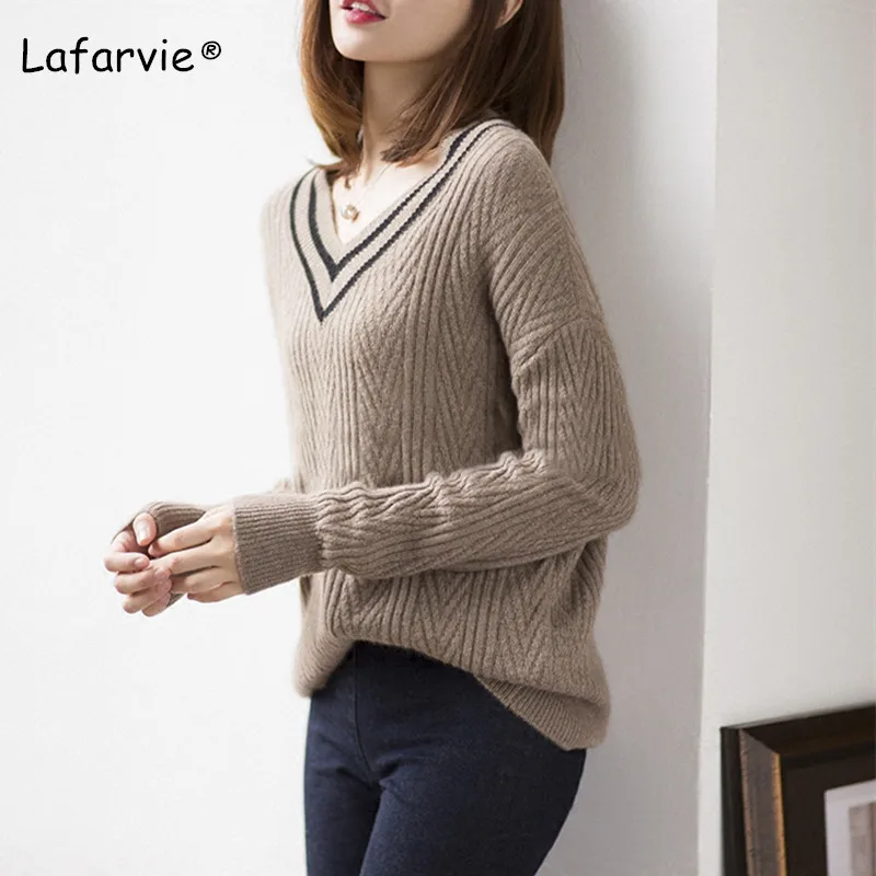 Lafarvie Plus size Sweater 2019 Warm Clothing For Women Casual Loose V neck Long Sleeve Solid Oversized Tee Lady Big size Clothe Lafarvie Plus size Sweater 2019 Warm Clothing For Women Casual Loose V neck Long Sleeve Solid Oversized Tee Lady Big size Clothe