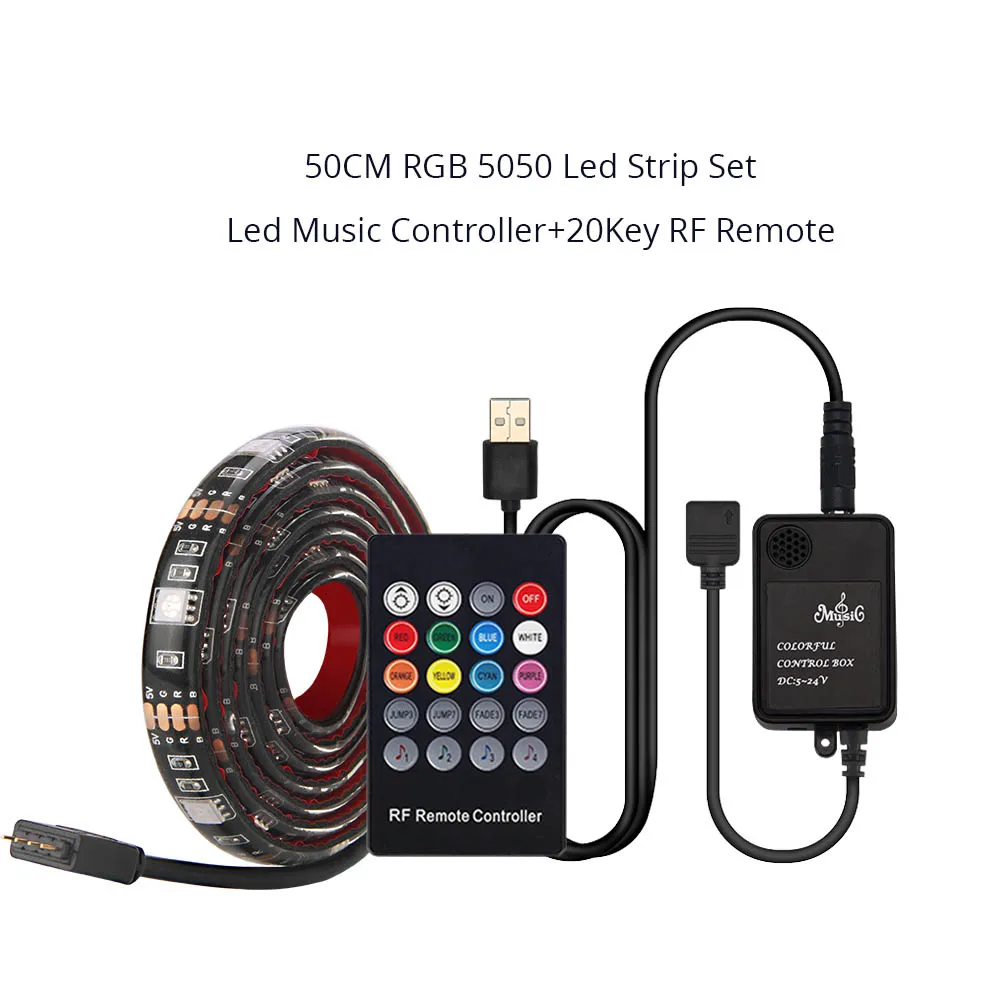 5 В USB Светодиодная лента 5050 RGB ТВ ПОДСВЕТКА 30 светодиодный s/m со звуковым датчиком 20Key RF музыкальный контроллер 50 см 1 м 2 м набор RGB светодиодный лента - Испускаемый цвет: 50CM SET