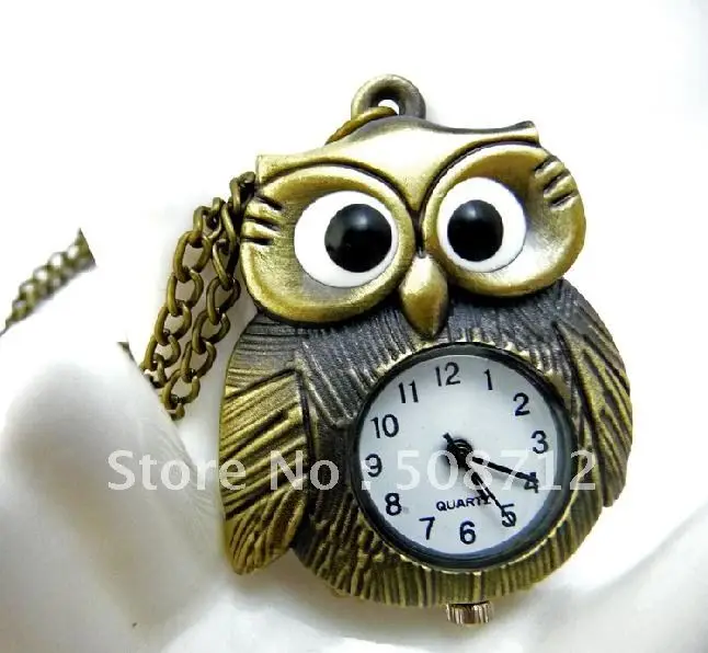 

Free shipping!!! 10PCS Retro style Bronze slide Owl Necklace Quartz Pocket Watch Xmas gift