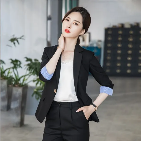 Korean Style Ladies Two Piece Trouser Suits Black Gray Womens Formal Set Work Pant Suits Tuxedo Pant Suit for Women Pantsuit 4XL Korean Style Ladies Two Piece Trouser Suits Black Gray Womens Formal Set Work Pant Suits Tuxedo Pant Suit for Women Pantsuit 4XL
