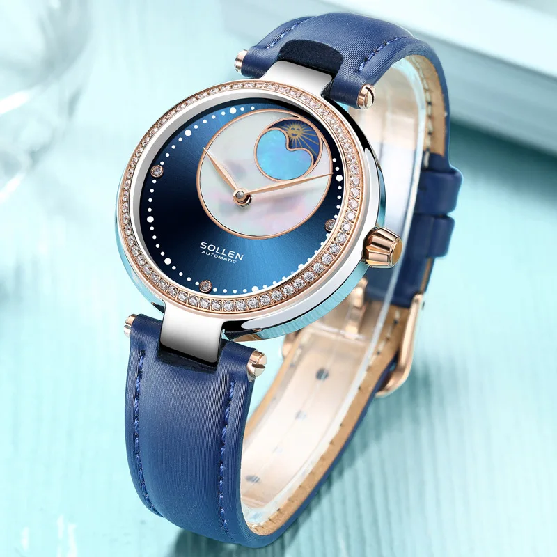SOLLEN Роскошные брендовые автоматические механические часы Galaxy женские водонепроницаемые часы со стразами женские кожаные Наручные часы для ношения с платьем