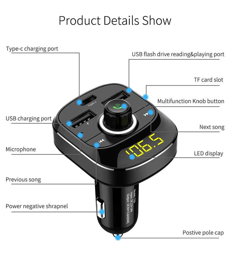 Автомобильный комплект jajabor с Bluetooth, беспроводной fm-передатчик, громкая связь, A2DP, воспроизведение музыки, зарядный порт type-C, поддержка TF карты/U диска